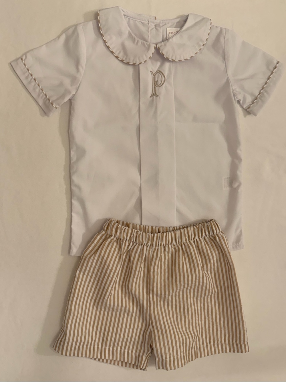 Cecil and Lou Peter Pan Monogram “P” Shirt & Matching Beige Seersucker Shirts 4T